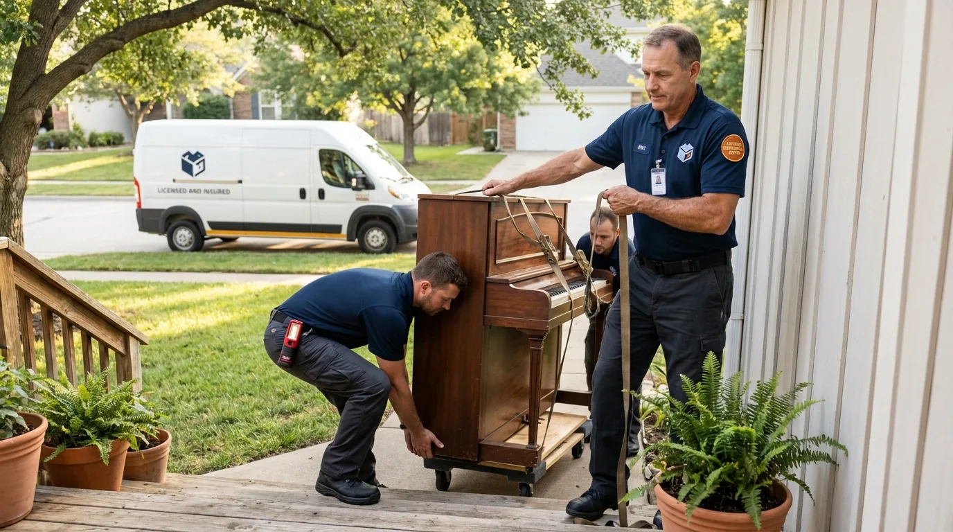 Licensed piano movers securing grand piano in Brownstown, PA