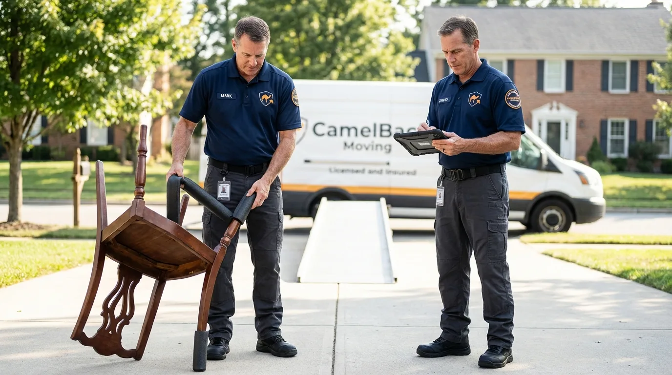 Movers inspecting furniture for damage prevention before loading in Brownstown, PA