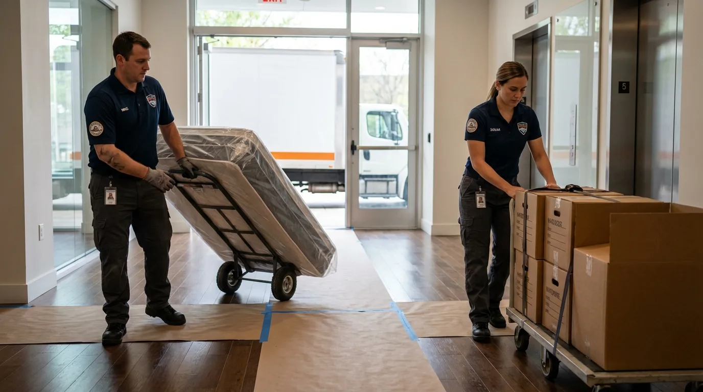 Professional apartment movers loading elevator in Brownstown, PA
