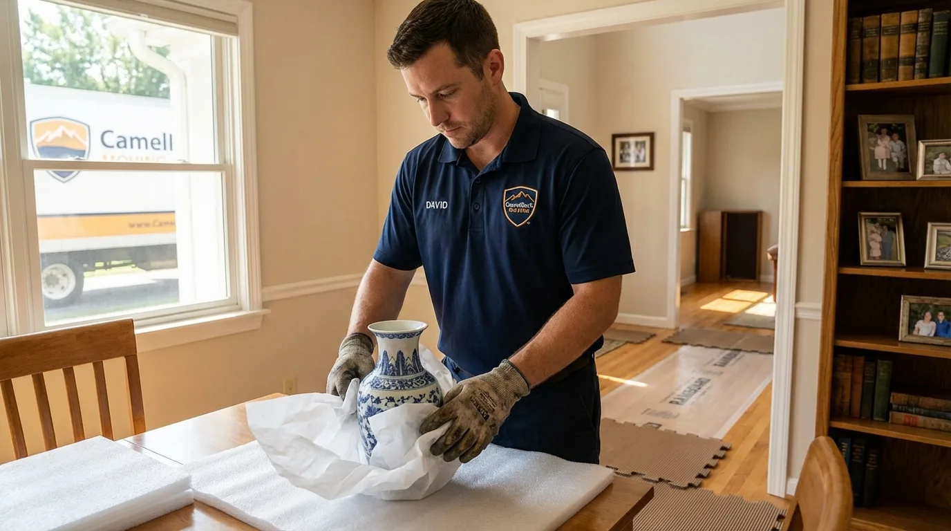 Professional crew carefully wrapping antique vase for senior downsizing move in Brownstown, PA